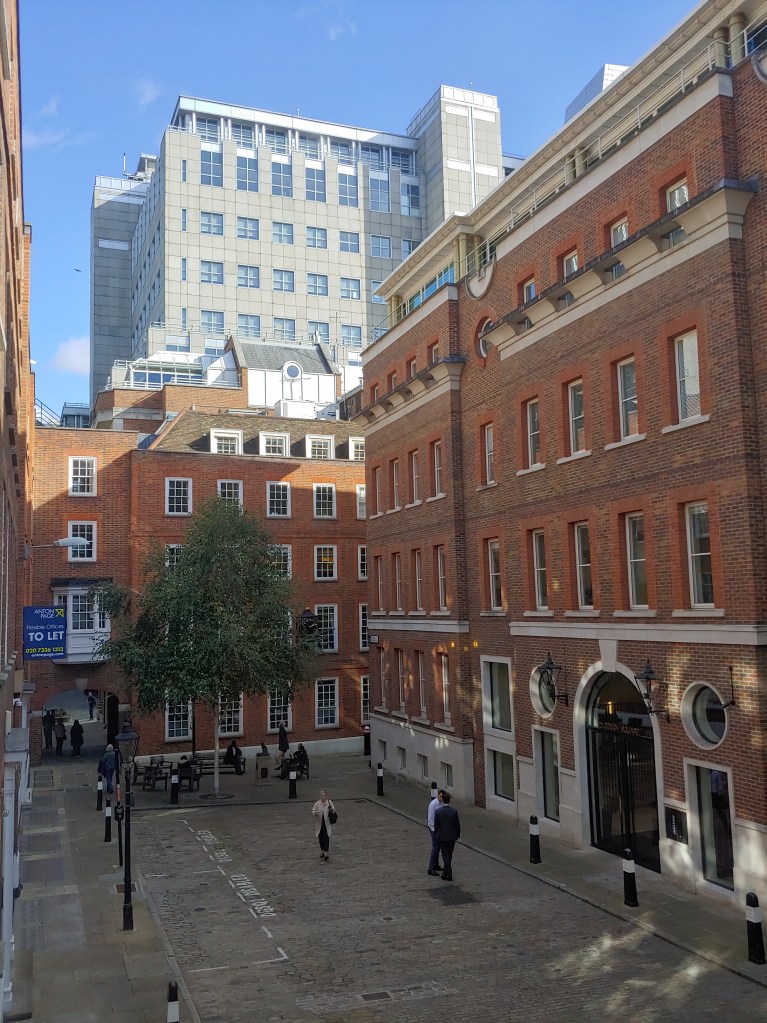 The view out of the house across Gough Square, with older buildings on each side, but a large, glassy office-block in the background.