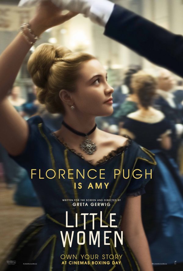 Post of Amy dancing in a dark blue ball gown with the text 'Florence Pugh is Amy' in gold over the top.