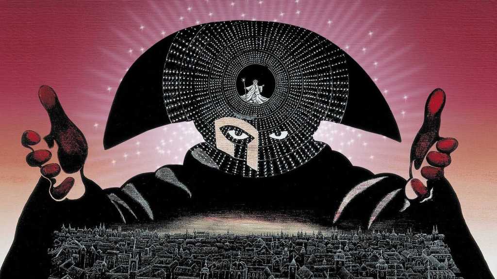 Amadeus poster with a large black silhouette of a man reaching arms towards the viewer over an image of city rooftops.