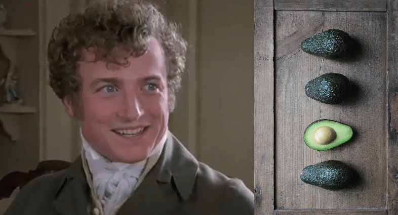 Crispin Bonham-Carter as Mr Bingley on the left, and a vertical row of Hass avocados, one cut in half, on the right