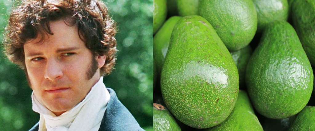 Headshot of Colin Firth as Mr Darcy on the left with a close-up of Shepherd Avocados on the right
