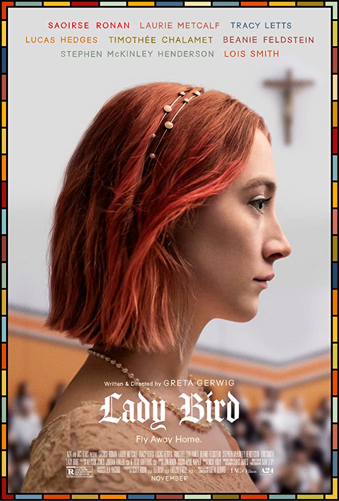 Lady Bird poster, with profile shot of Saoirse Ronan with short pinkish-red hair, wearing a pearl necklace and lace dress.