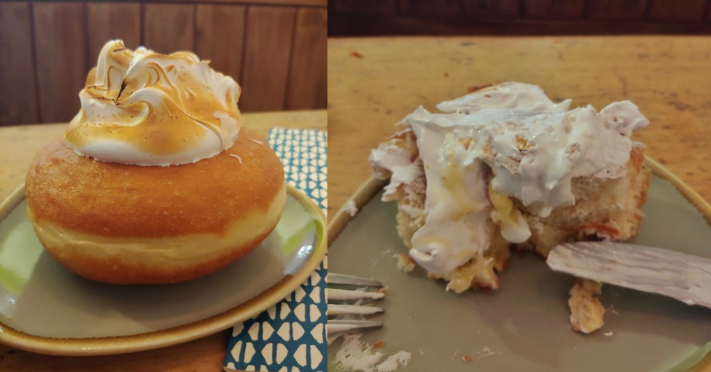 Intact prettily decorated doughnut on left, contrasted with messy, half-eaten doughnut on right.