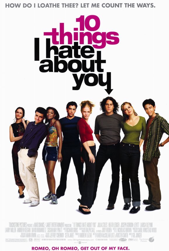 Movie poster for 10 Things I Hate About You with the cast lined up against a white background looking out at the camera.