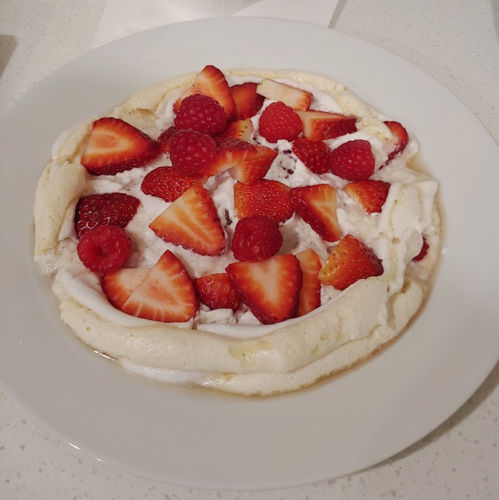 The dissolved and collapsed pavlova at time of eating.