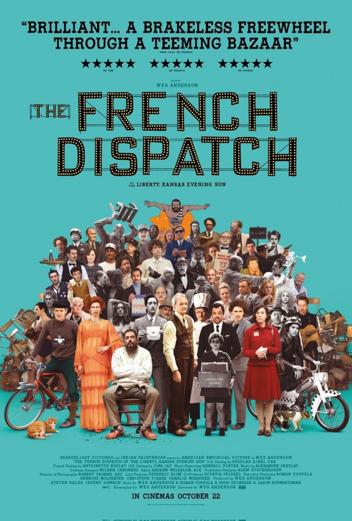 Film poster for 'The French Dispatch' featuring a collage of images of people layered against a turquoise background.