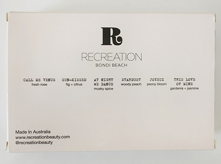 Image of the back of the rectangular box, featuring the names of the perfumes and their scent notes.