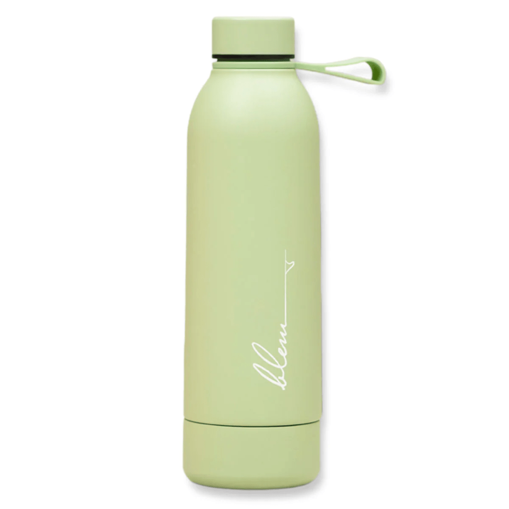 A green water bottle with a rubber loop holder, and logo reading 'blem' in cursive font leading into the silhouette of the edge of a surf board, against a white background.