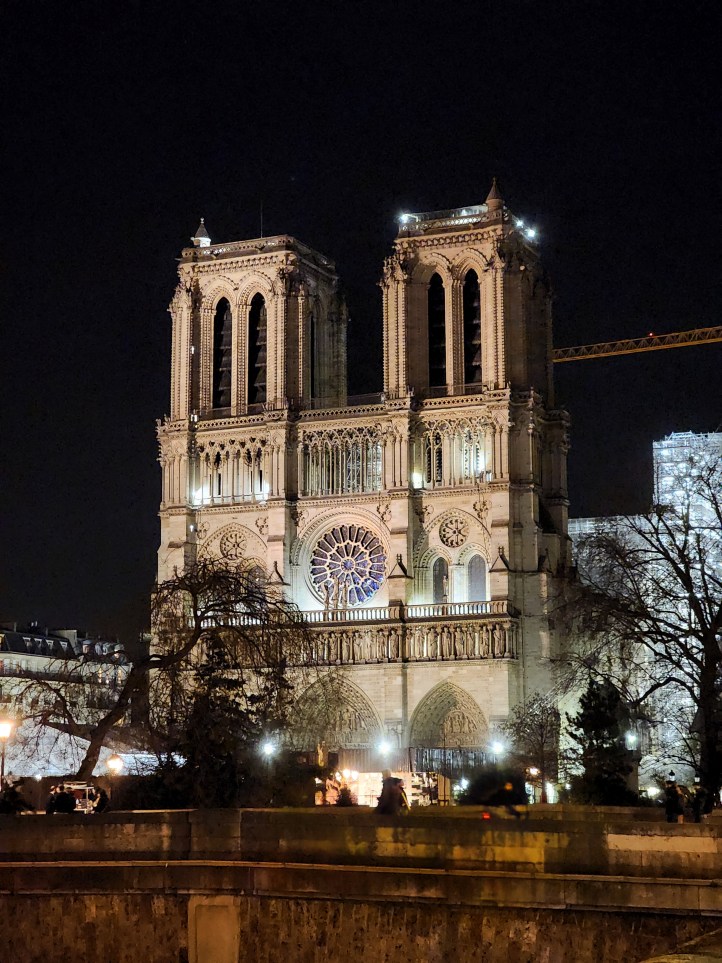 A view of the facade of Notre Dame, lit up from the ground and with various smaller lights on the building itself.