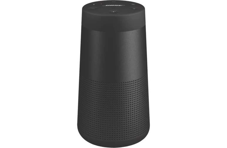Black Bose Soundlink Revolve + II, a cylindrical speaker with buttons on the top and speaker holes at the bottom.